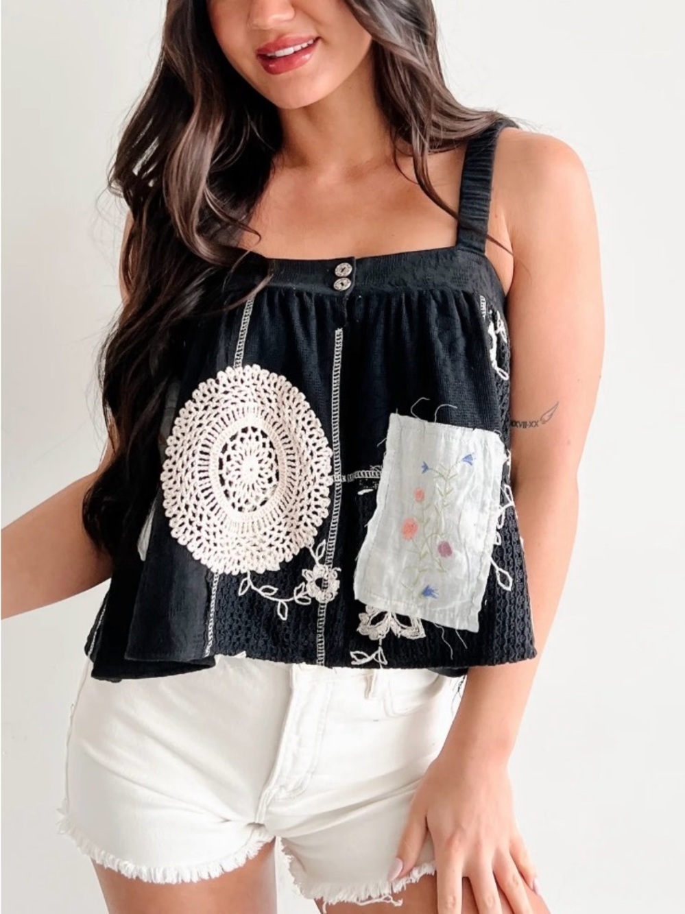 POL BOHO cotton Black Crochet Patchwork Tank Top medium